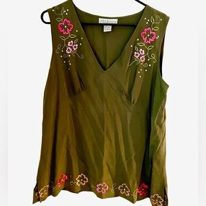 Diane Von Furstenberg Floral Embroidered Olive Green Sleeveless Top
